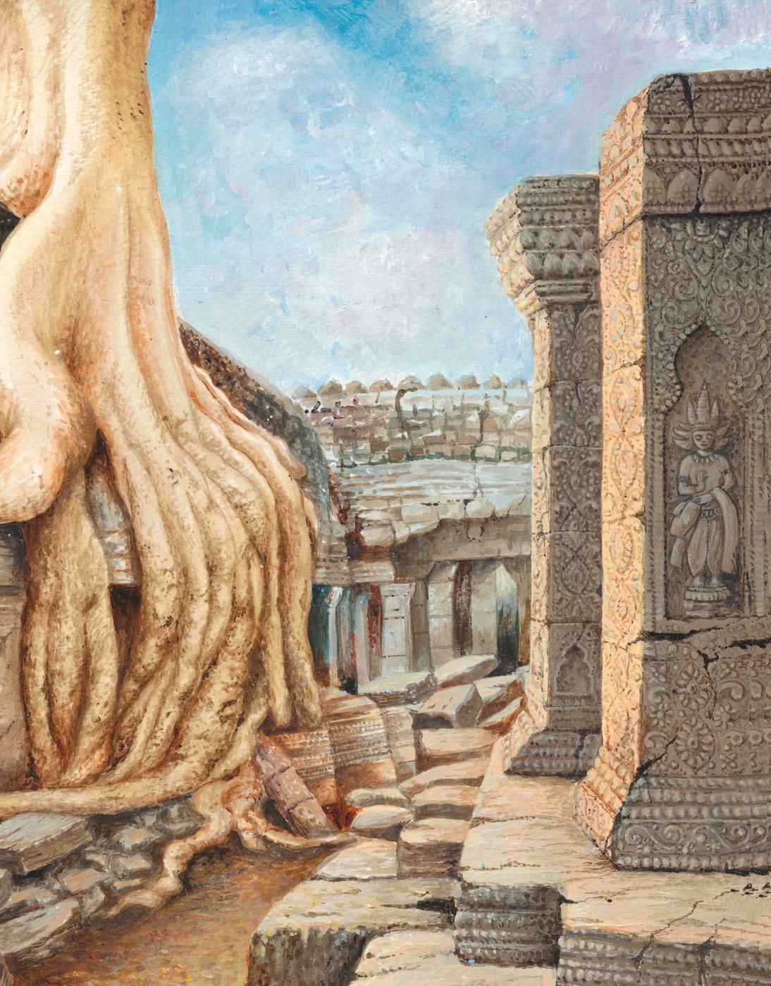 Acrylic painting of a giant spung tree with roots engulfing the temple of Ta Prohm at Angkor