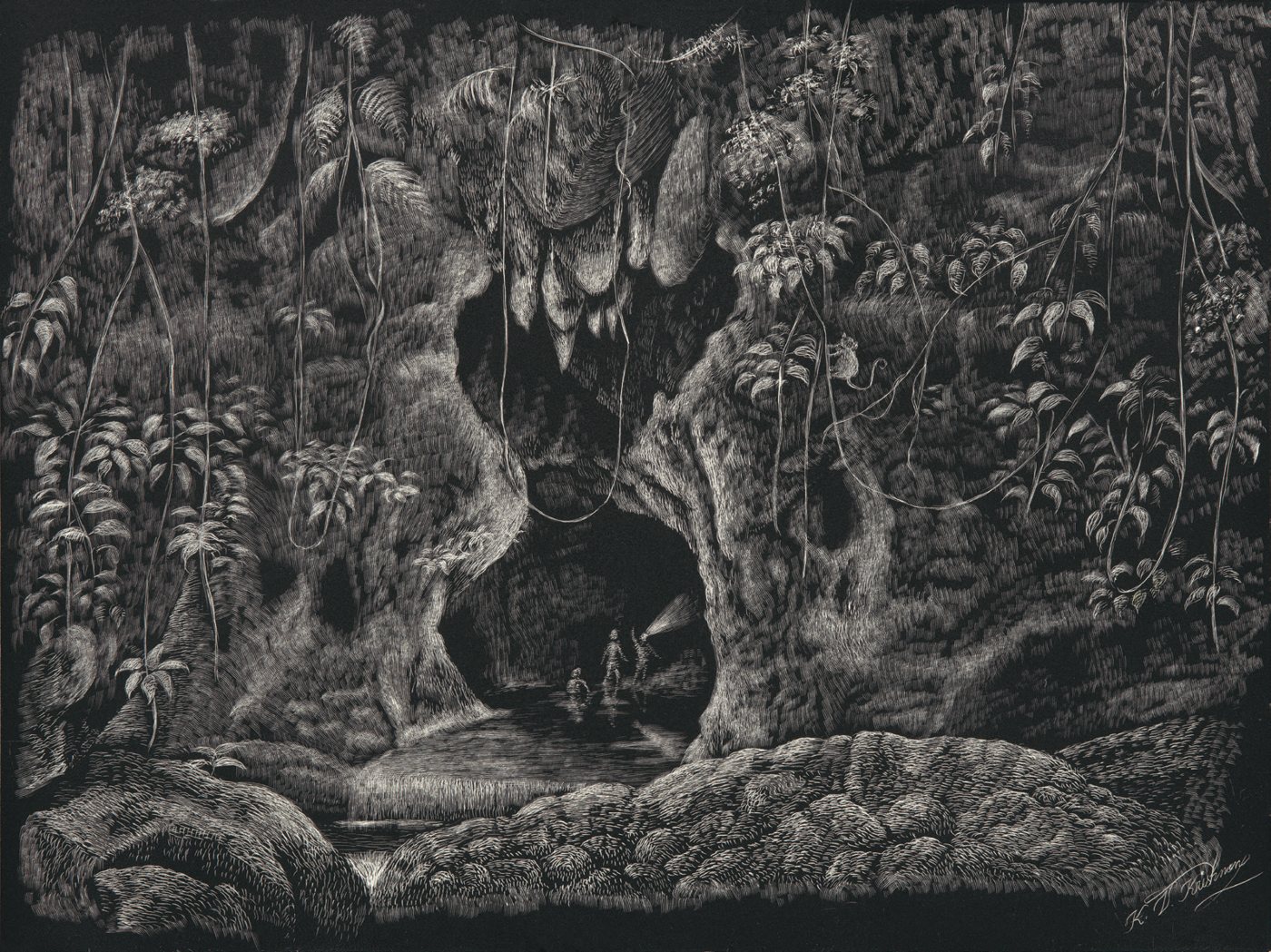 Scratchboard artwork of the entrance to Actun Tunichil Muknal cave, with a capuchin monkey in the foliage