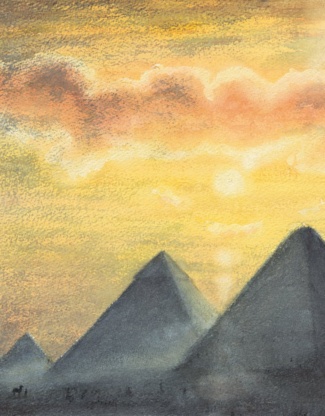 Watercolor of the pyramids of Giza glowing at sunset