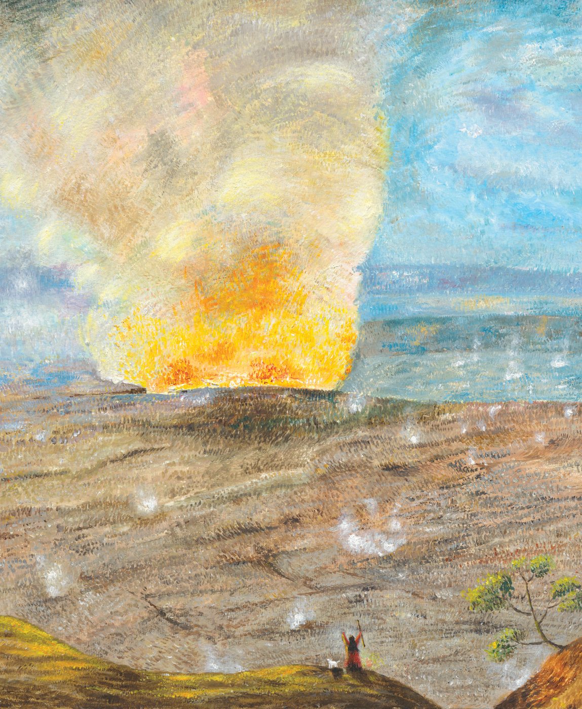 Acrylic painting of the fiery volcanic firepit of Halema'uma'u, home of the goddess Pele