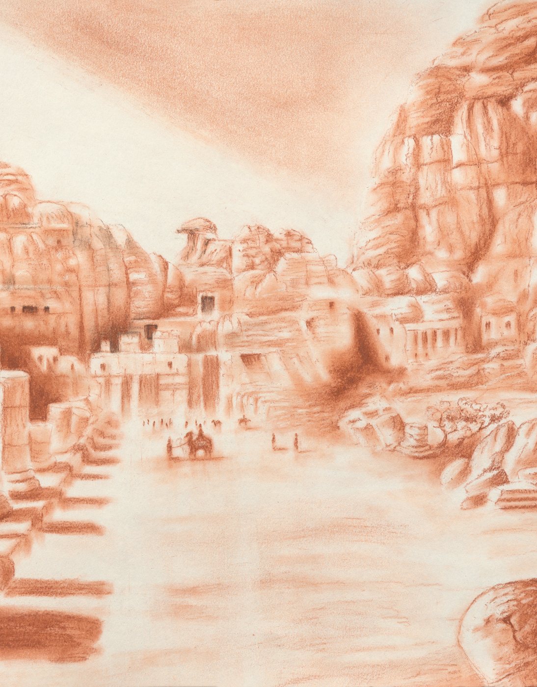 Conté crayon drawing of two camels along the Colonnaded Street in Petra, Jordan