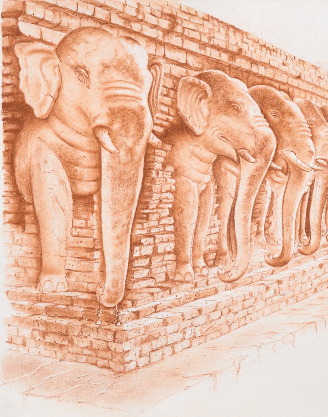Conté crayon drawing of the elephant procession encircling the stupa of Wat Sorasak, Sukhothai