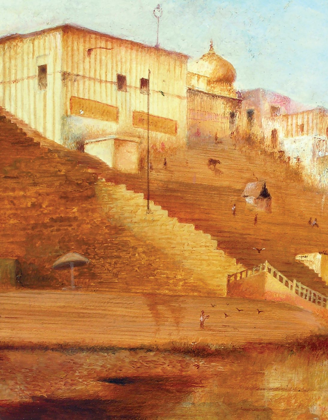 Vivid acrylic painting of pilgrims and color at Kedar Ghat on the Ganges in Varanasi